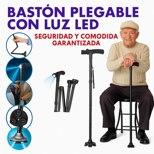 Bastón de Apoyo y Seguridad con Linterna y Base Antideslizante