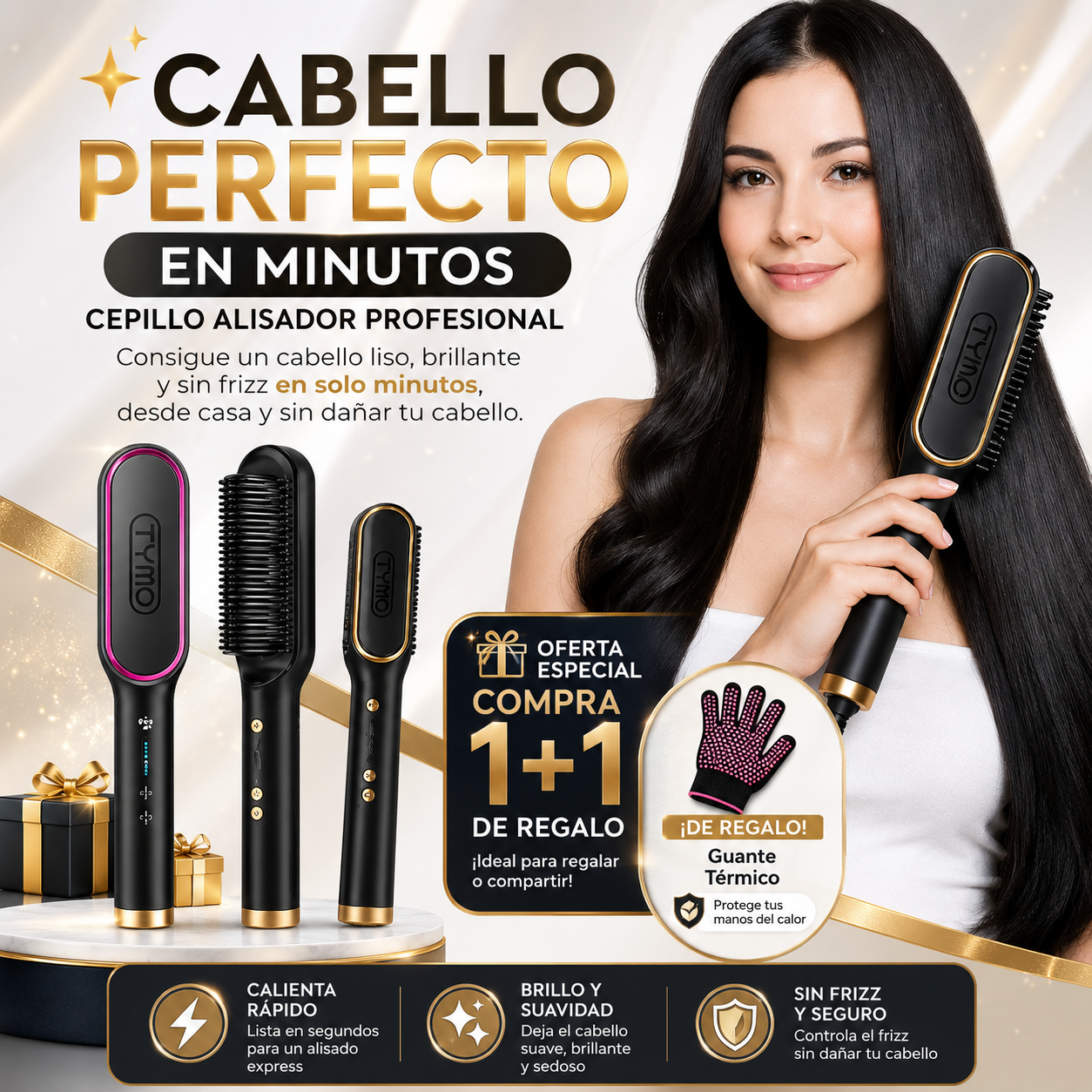 Cepillo Alisador Rizador Multifuncional + 1 De Regalo - Tymo®️