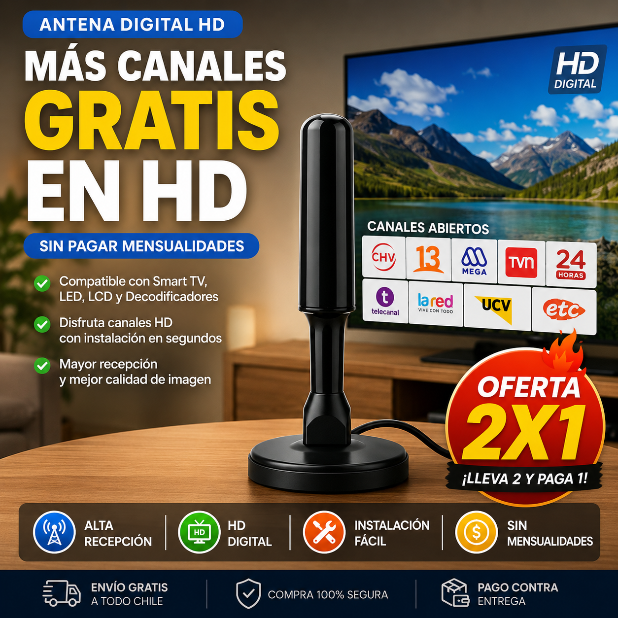2x1 ANTENA TV DIGITAL +3000 CANALES HD